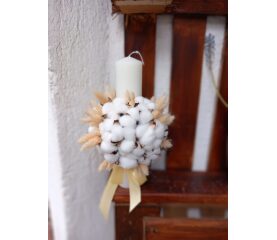 Lumânare de botez cu flori uscate si bumbac